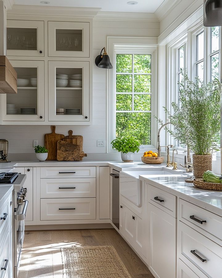 Sunny white kitchen with a farmhouse sink and garden windows