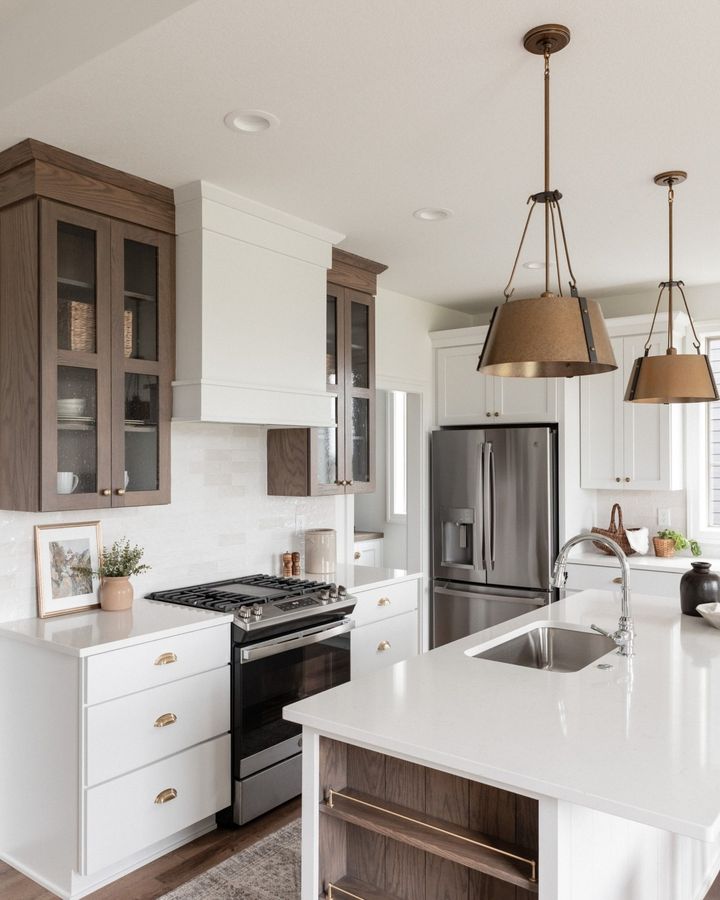 White kitchen with wood glass-front cabinets and brass pendant lights