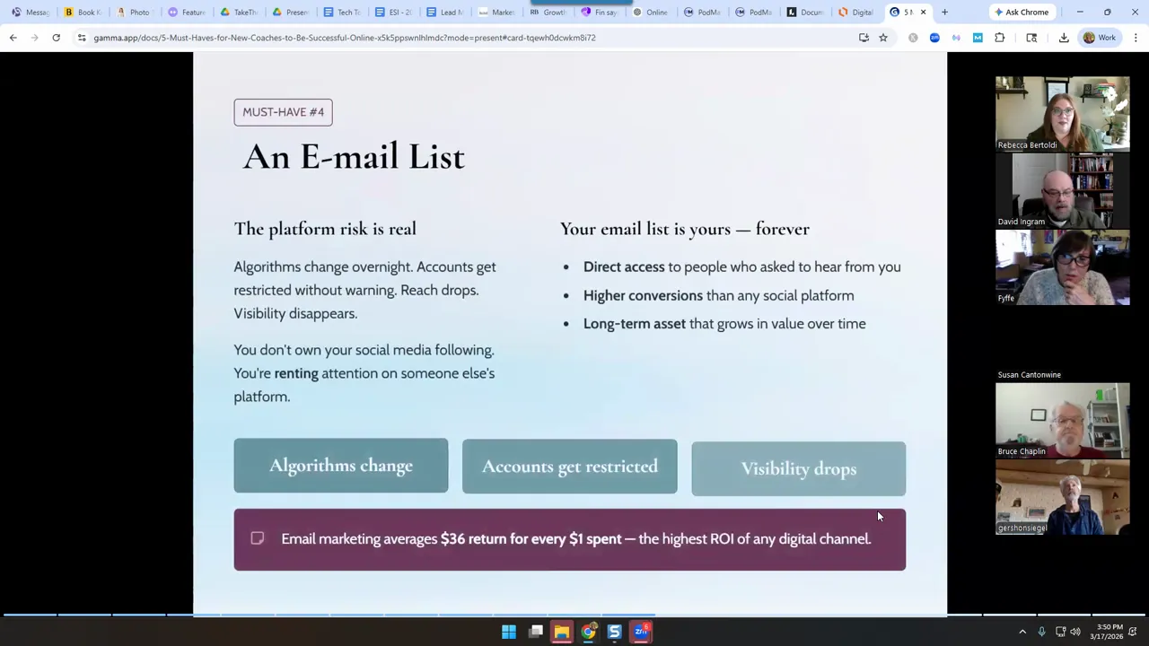 Slide titled “An E-mail List” explaining why email lists provide direct access and long-term value.
