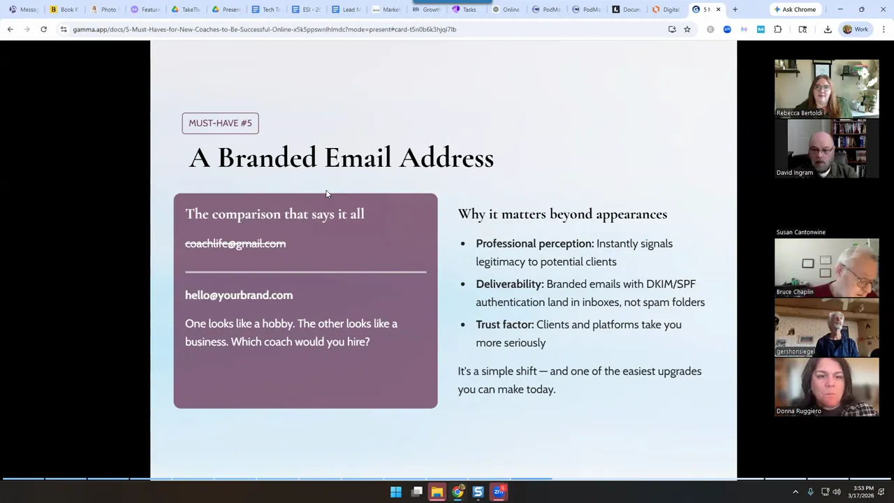 Slide about using a branded email address to improve deliverability and inbox placement