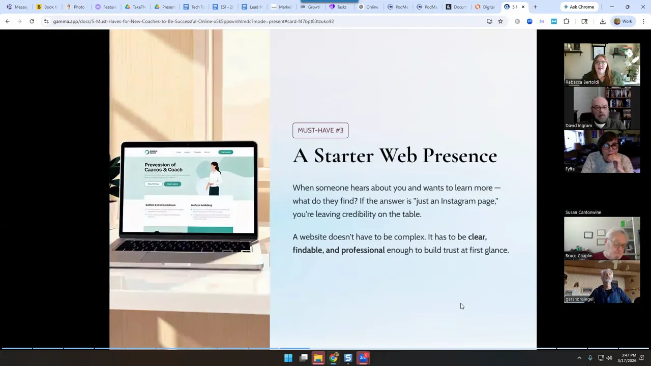 Screenshot slide titled “A Starter Web Presence” showing coaching website guidance for starting your coaching business.