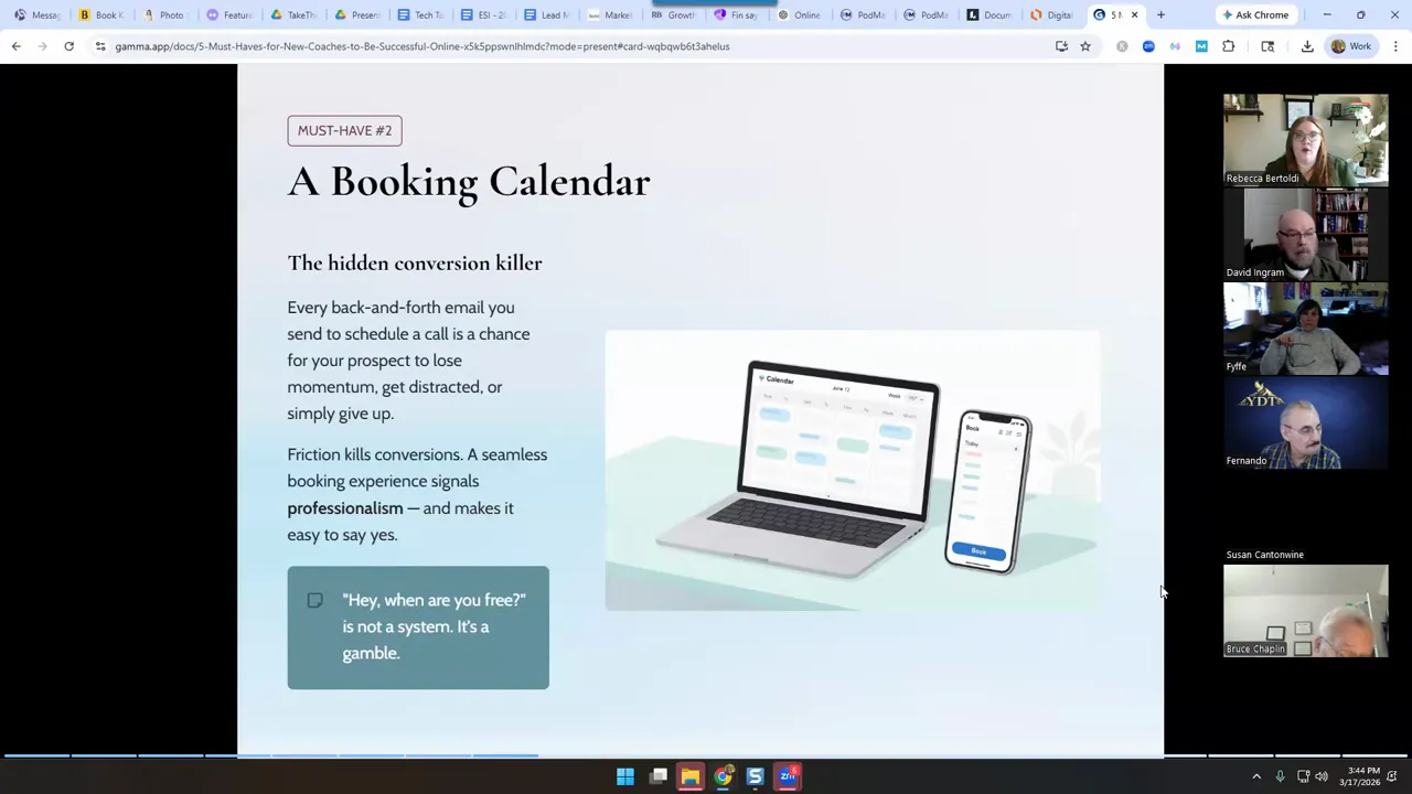 Slide titled “A Booking Calendar” explaining how seamless scheduling improves conversions
