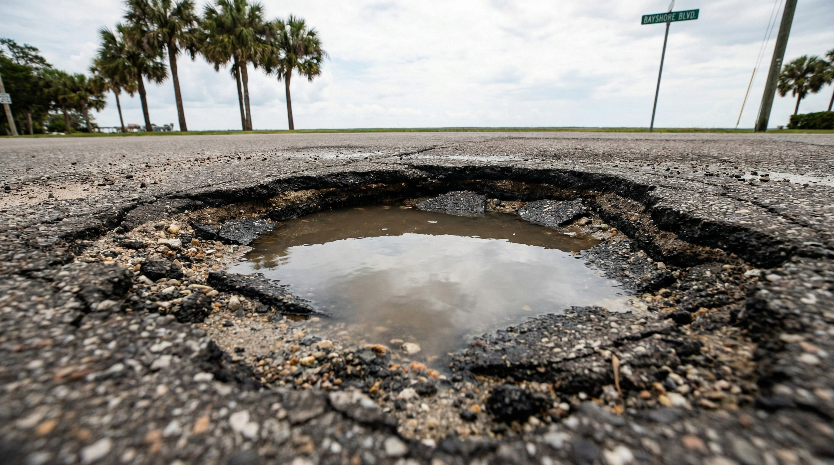 Close-up of a typical Tampa Bay pothole showing water pooling and cracked edges with palm trees visible in background Close-up of a typical Tampa Bay pothole showing water pooling and cracked edges with palm trees visible in background