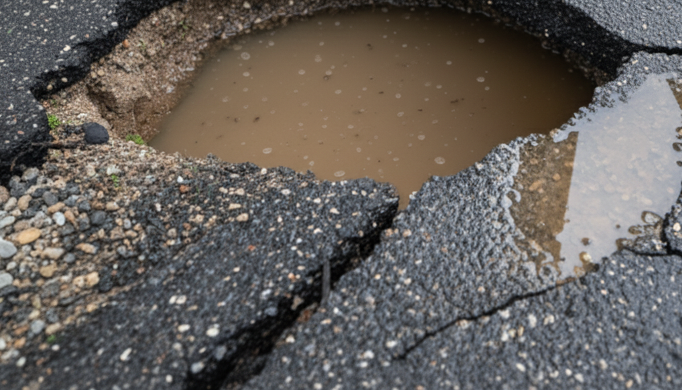 Close-up of water pooling in storm-damaged driveway cracks with visible foundation erosion
