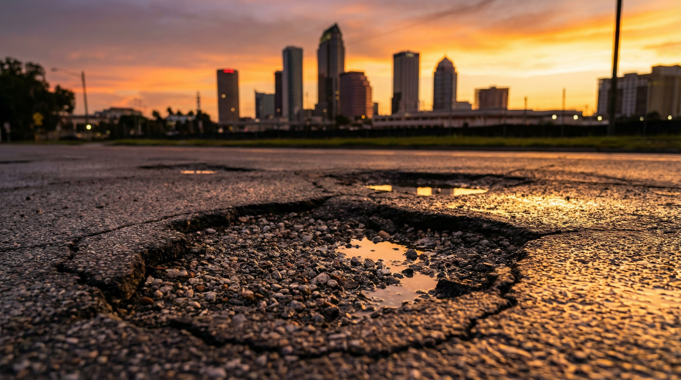 Close up of jagged pothole