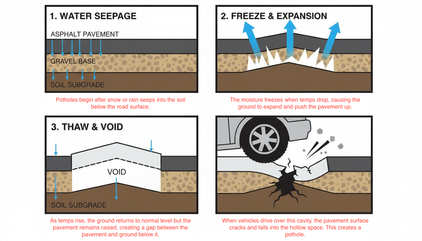 Diagram explaining how potholes are formed.