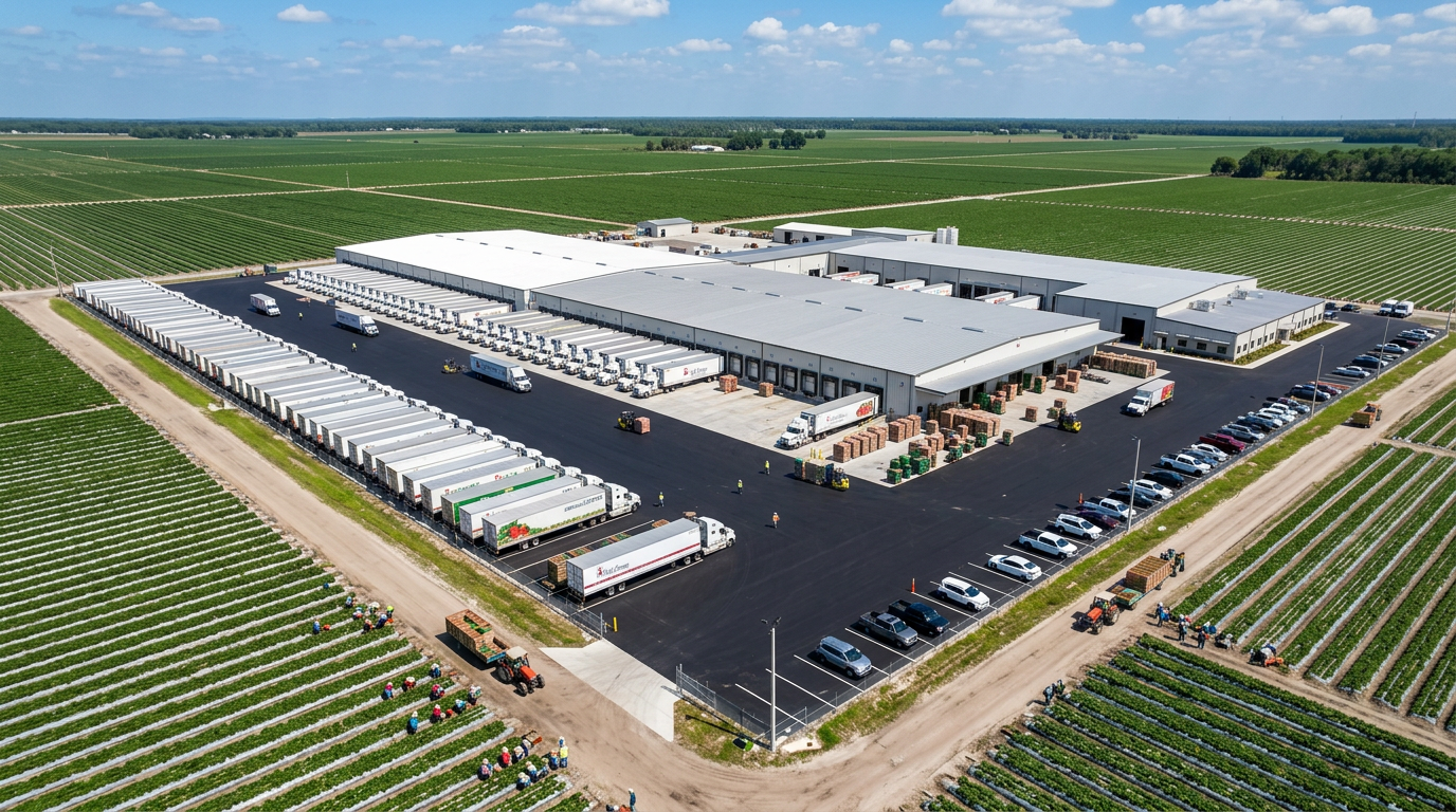 Aerial view of Plant City strawberry packing facility with multiple trucks on commercial asphalt during harvest season