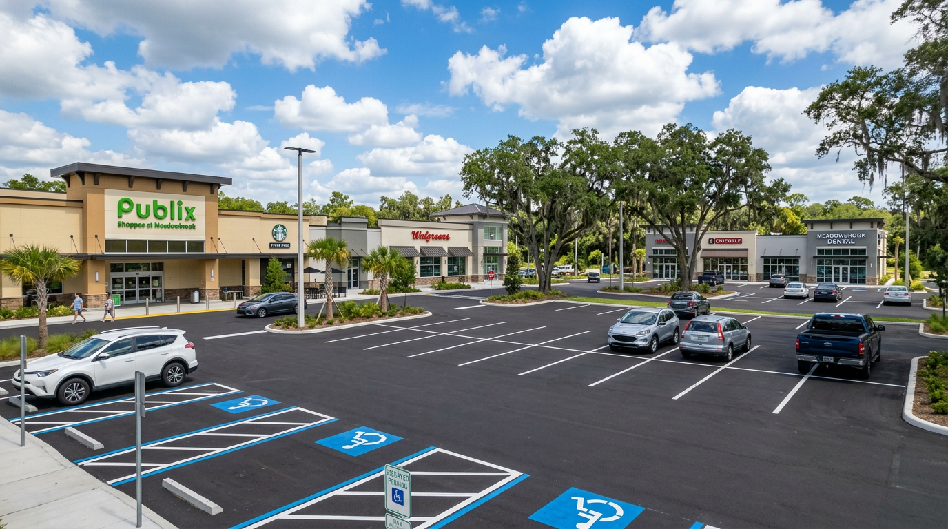 Newly paved commercial parking lot with professional striping in semi-rural Florida setting