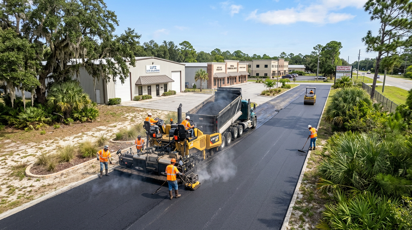 Professional asphalt paving crew installing commercial parking lot surface