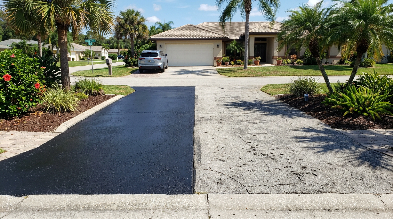  Split comparison showing protected vs unprotected asphalt driveway in Tampa heat