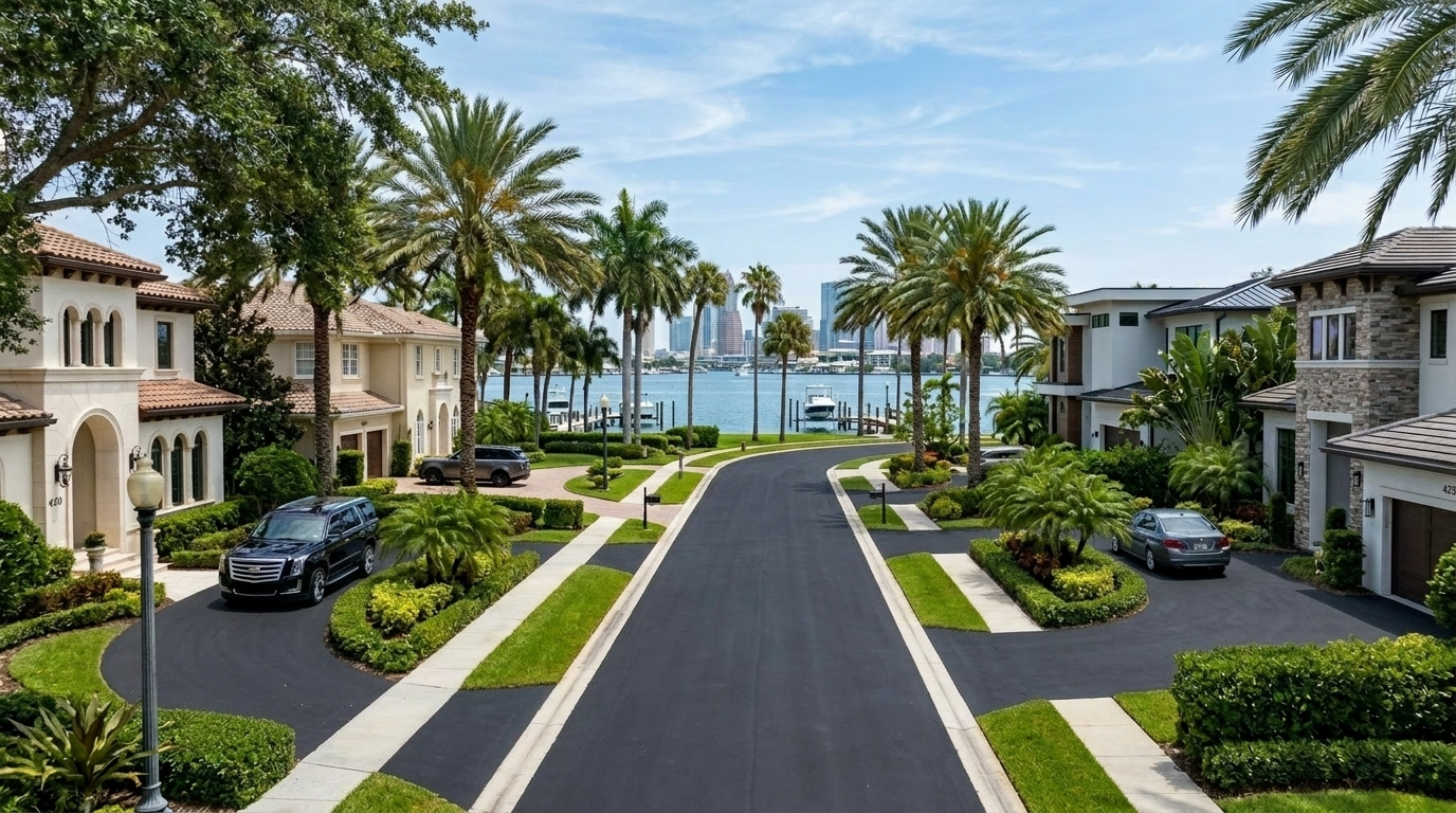 Wide shot of Davis Islands residential street showing multiple well-maintained driveways and the island's characteristic palm-lined roads, with Tampa Bay visible between luxury homes. The scene captures the community's upscale character and the importance of maintaining property standards that match the prestigious waterfront location.