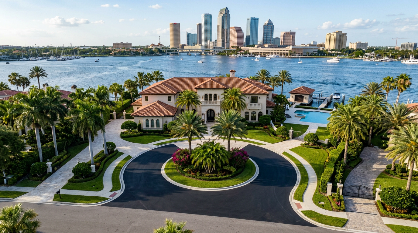 Aerial view of a pristine circular asphalt driveway on a Davis Islands waterfront estate, with the smooth black surface creating elegant curves leading to a luxury home. Tampa Bay sparkles in the background with downtown Tampa's skyline visible across the water, while palm trees and manicured landscaping frame the property.