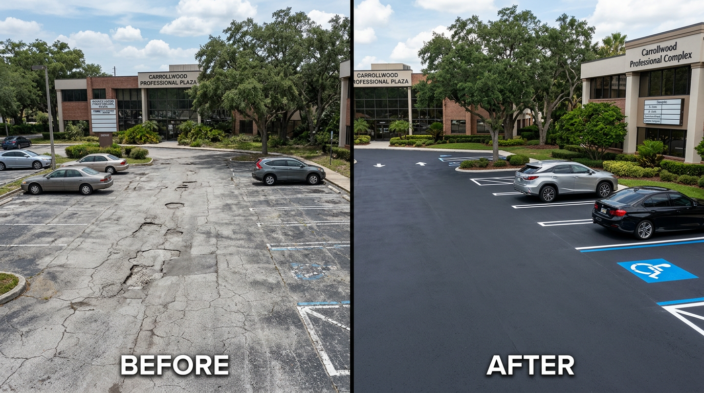 Before and after commercial paving transformation in Carrollwood office complex