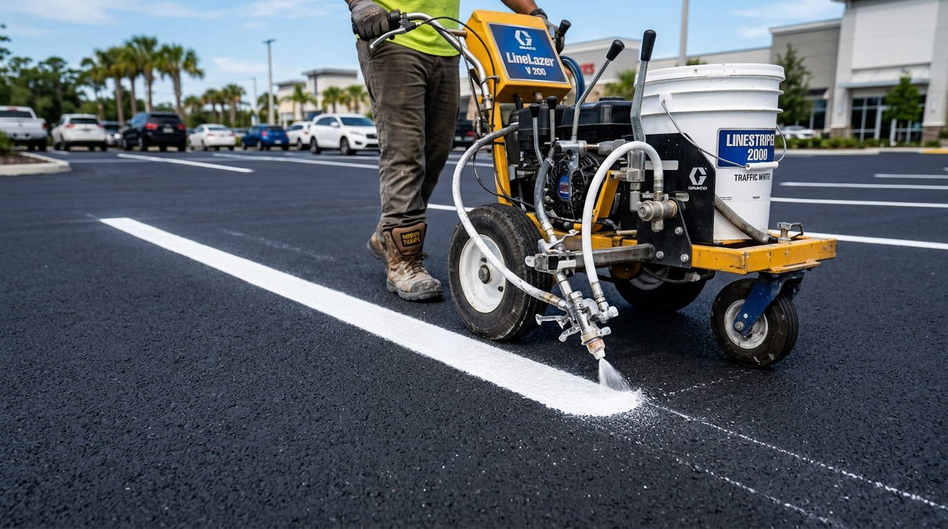 Professional asphalt striping detail showing premium commercial paving quality