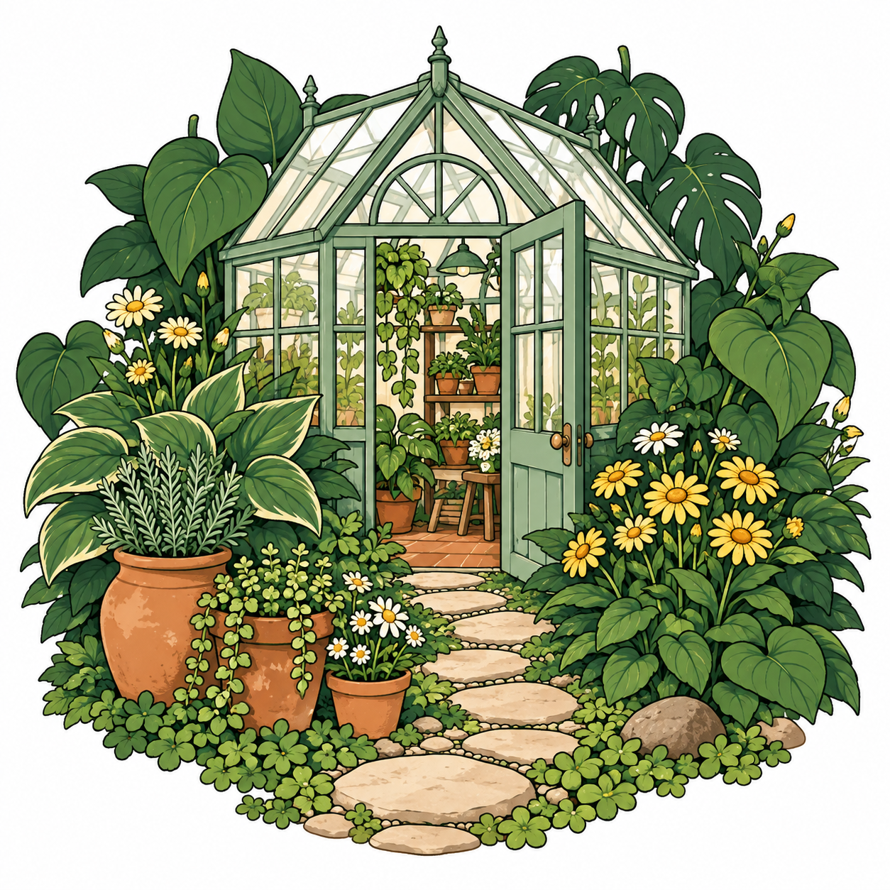 Illustration of a cozy greenhouse surrounded by green plants and terracotta pots