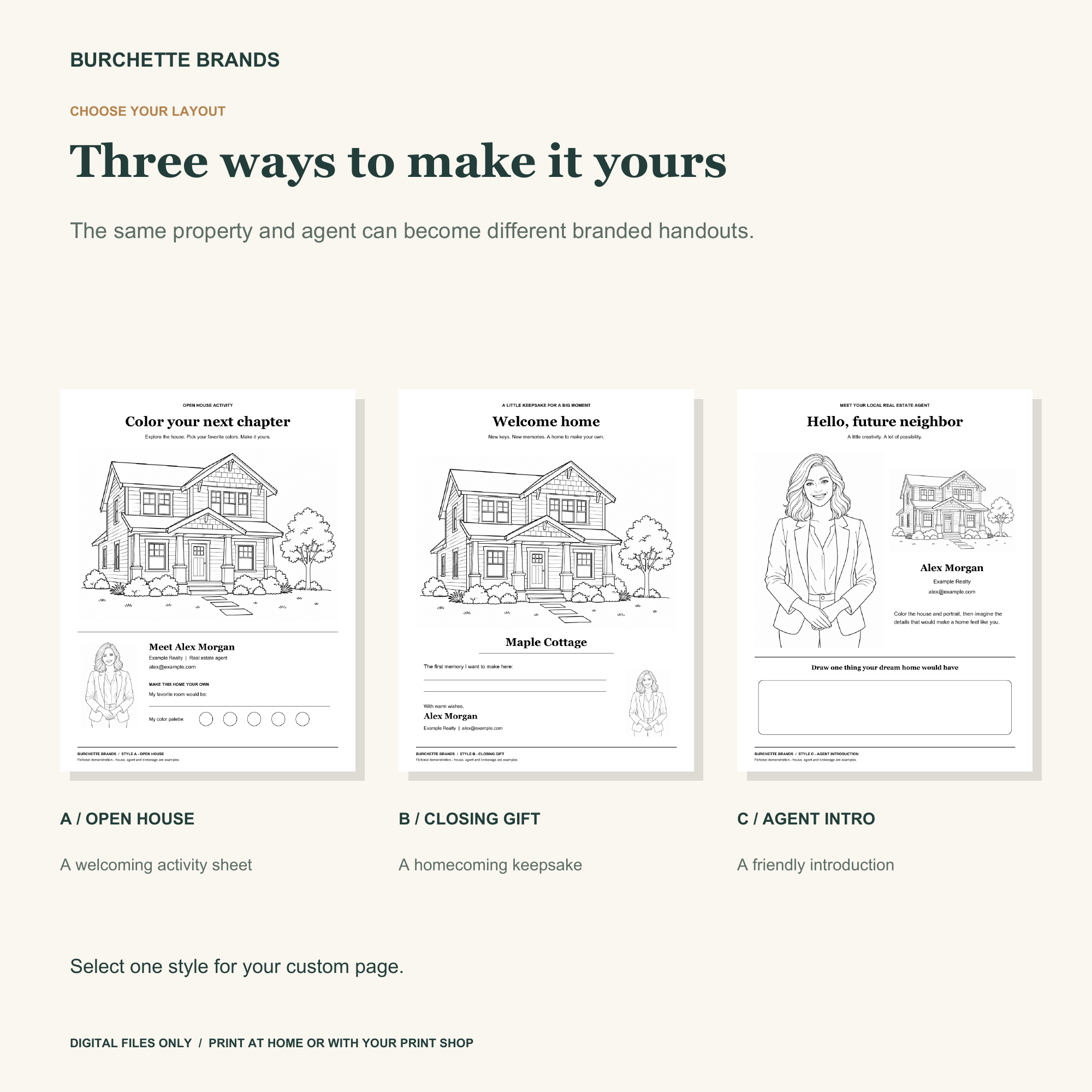 Three fictional custom coloring page samples: an Open House activity, a Closing Gift keepsake and an Agent Introduction with house and portrait line art