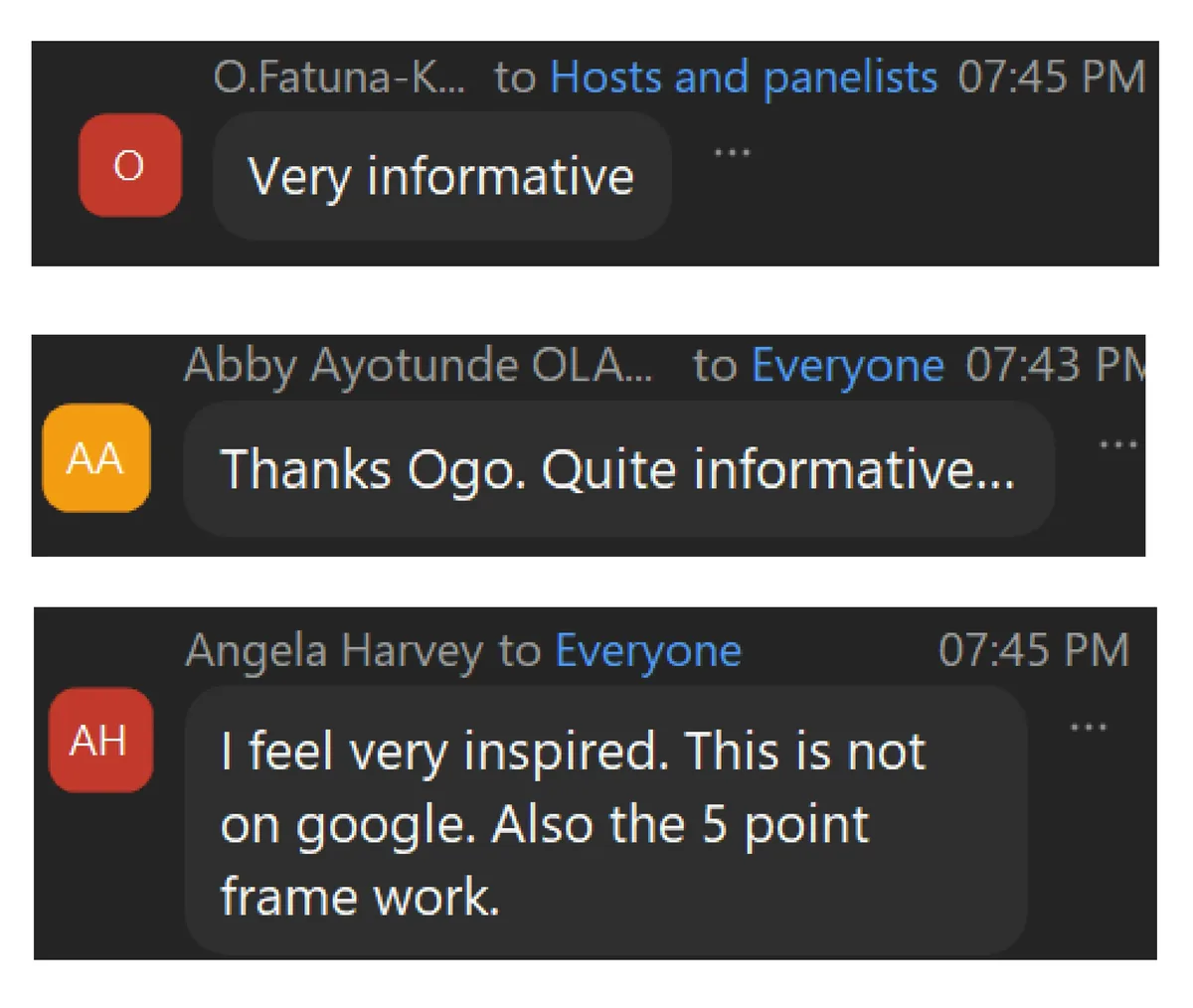Zoom chat messages from attendees calling the session very informative and inspiring