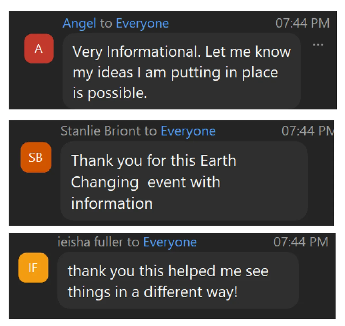 Zoom chat messages thanking Dr. Ogo for an earth-changing event with practical information