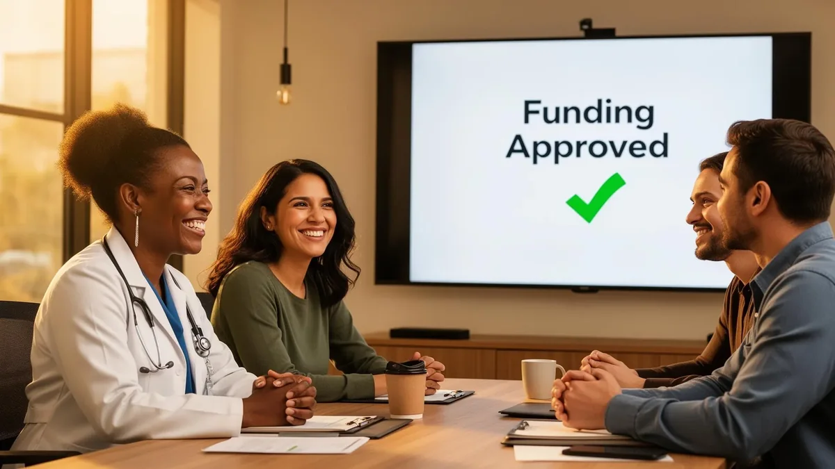 Clinic team meeting in front of a screen reading Funding Approved