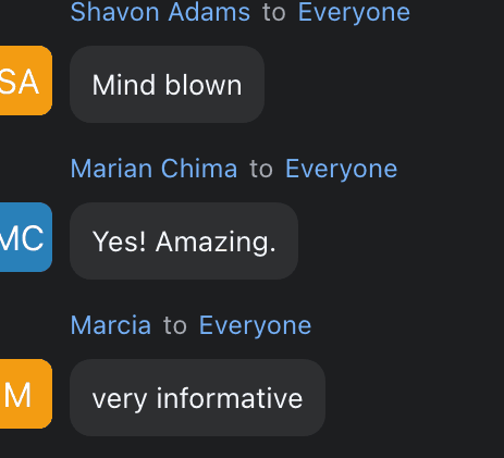 Zoom chat messages from attendees calling the session very informative and inspiring