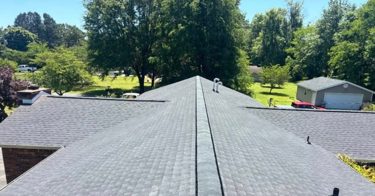 Drone photo along a roof ridge line during an inspection