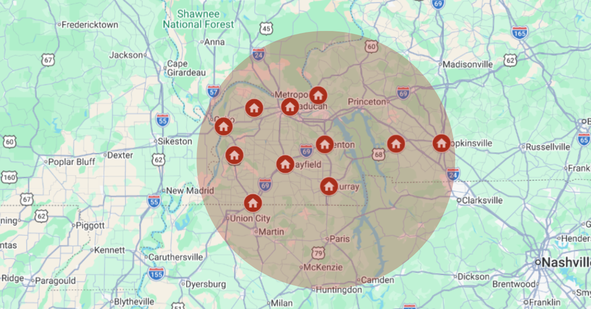 Map showing Blue Sky Roofing and Exteriors service area across Western Kentucky, NW Tennessee, and SE Missouri