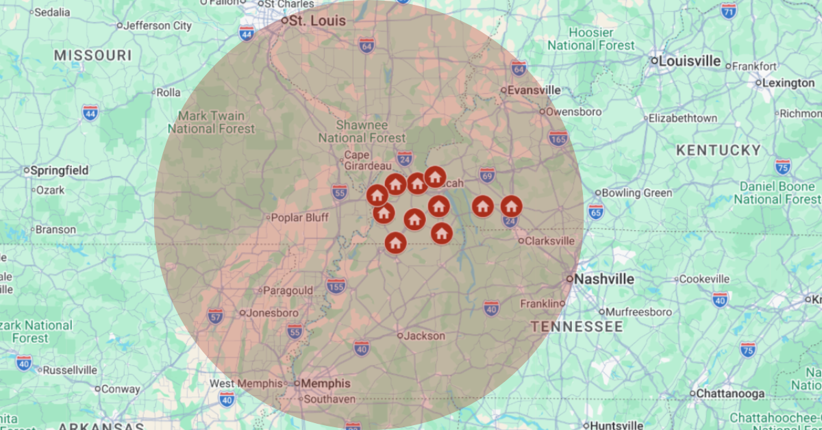 Map showing Blue Sky Roofing and Exteriors service area across Western Kentucky, NW Tennessee, and SE Missouri