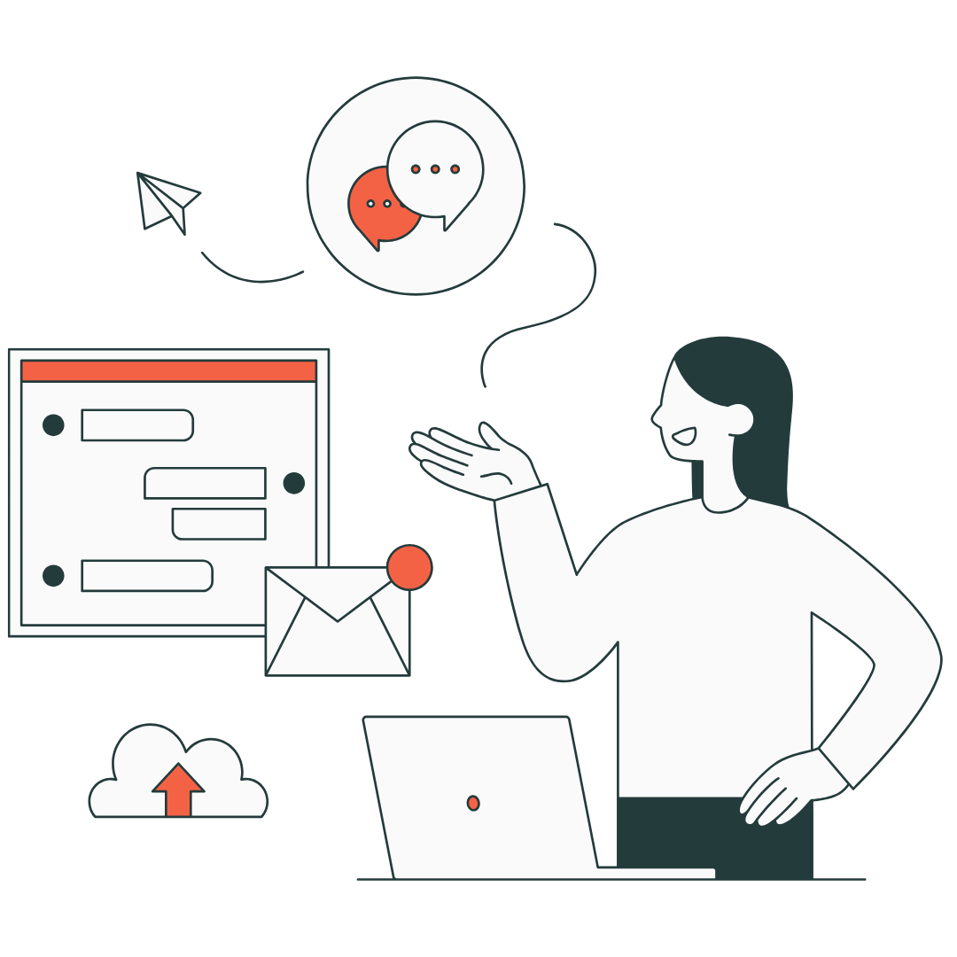 Illustration showing a person surrounded by communication and marketing channels