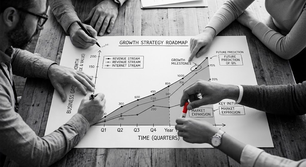 Più persone lavorano insieme su una roadmap di crescita stampata su un tavolo