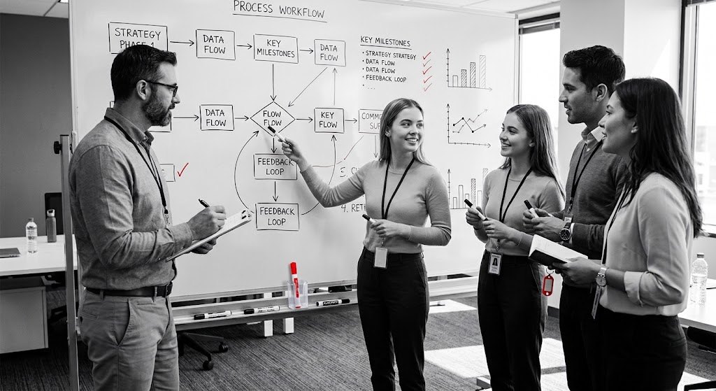 Un team discute davanti a una lavagna con lo schema di un processo