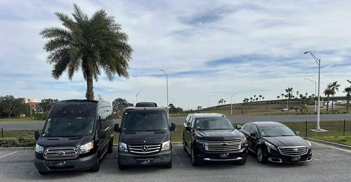The Luna Negra fleet lined up: a Ford Transit van, a Mercedes-Benz Sprinter van, a Chevrolet Suburban and a Cadillac sedan