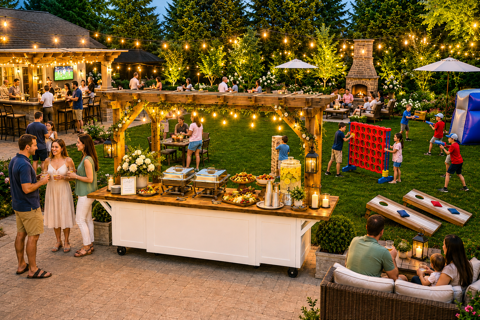 Professionally planned backyard party setup with tables and lighting