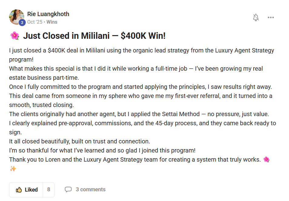 Luxury Agent Strategy client testimonial 8