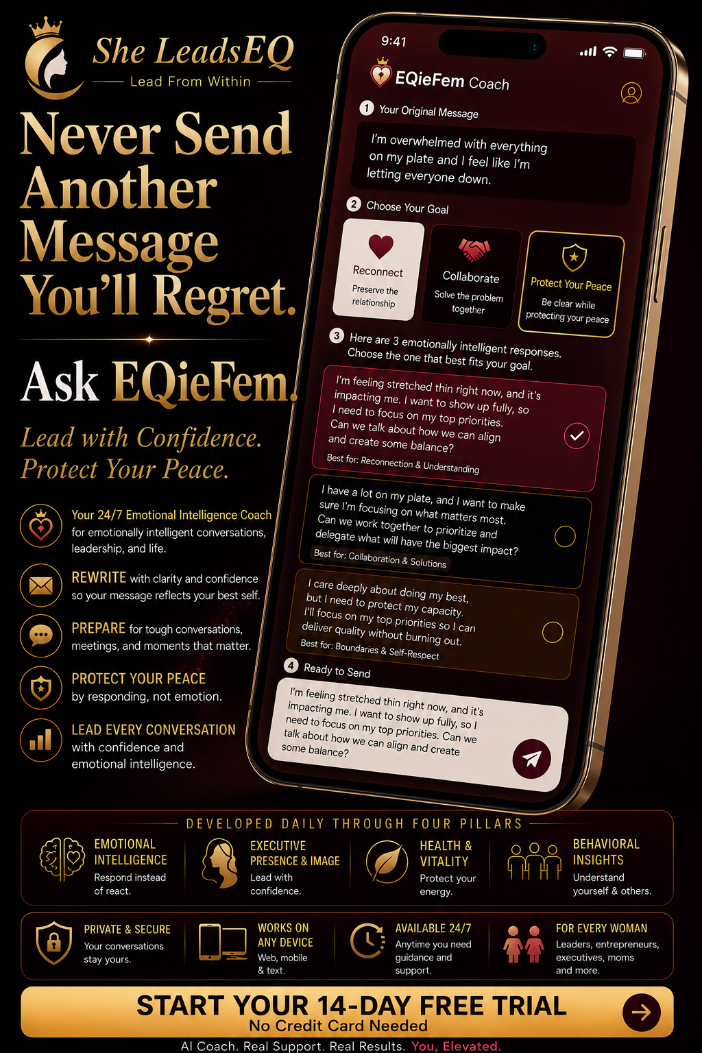 EQieFem coaching interface showing emotionally intelligent response options