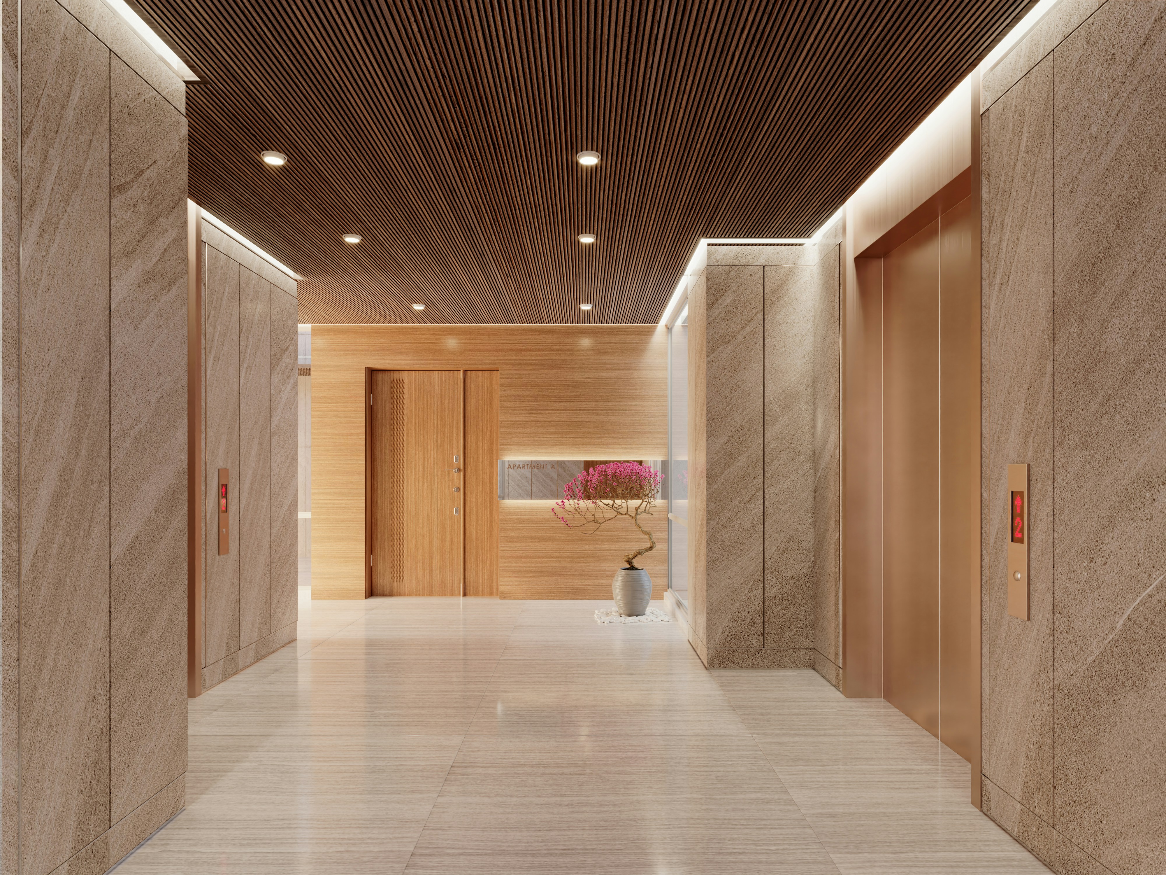 Modern commercial elevator lobby with warm wood and stone architectural finishes