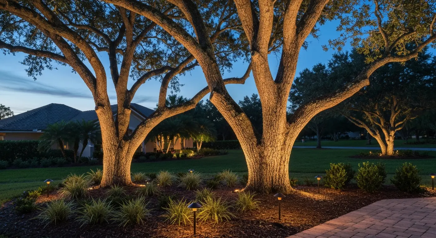Outdoor lighting highlighting trees and landscaping