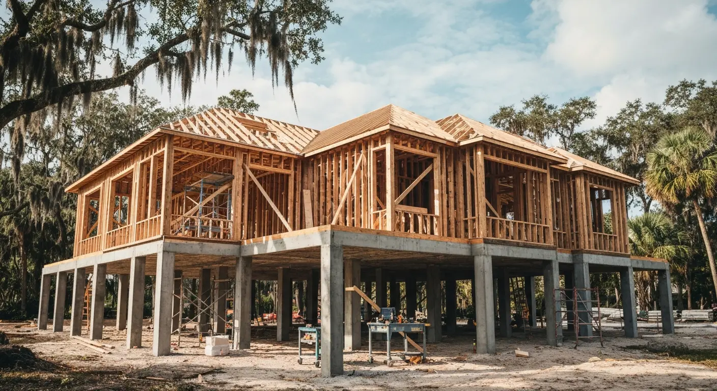New custom home under construction with pile foundation
