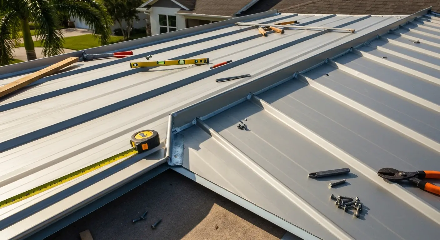Metal roof on new home construction