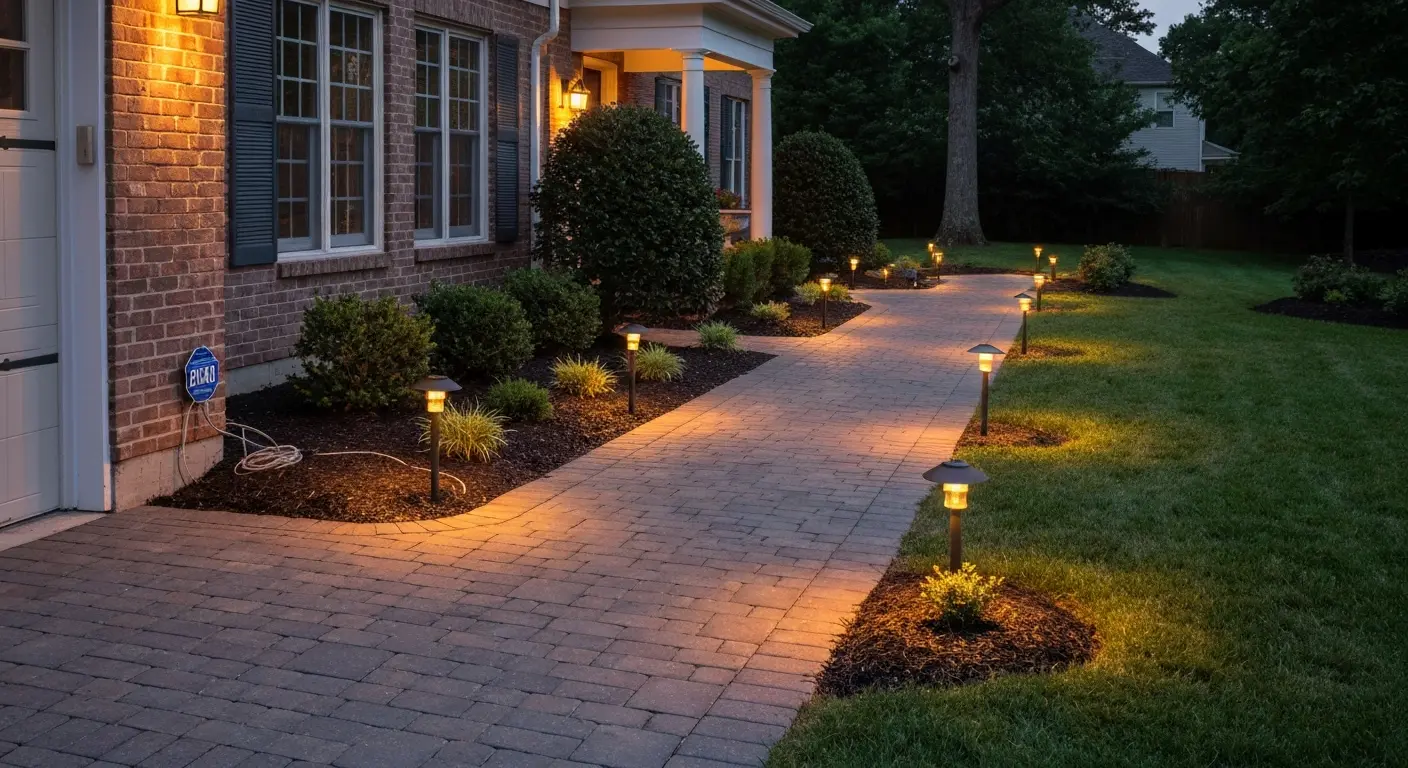 Path lights illuminating driveway and walkway