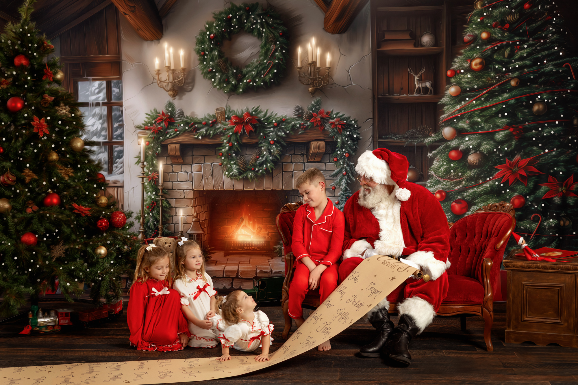 A warm, candlelit Christmas sitting room dressed in evergreen, cranberry and gold