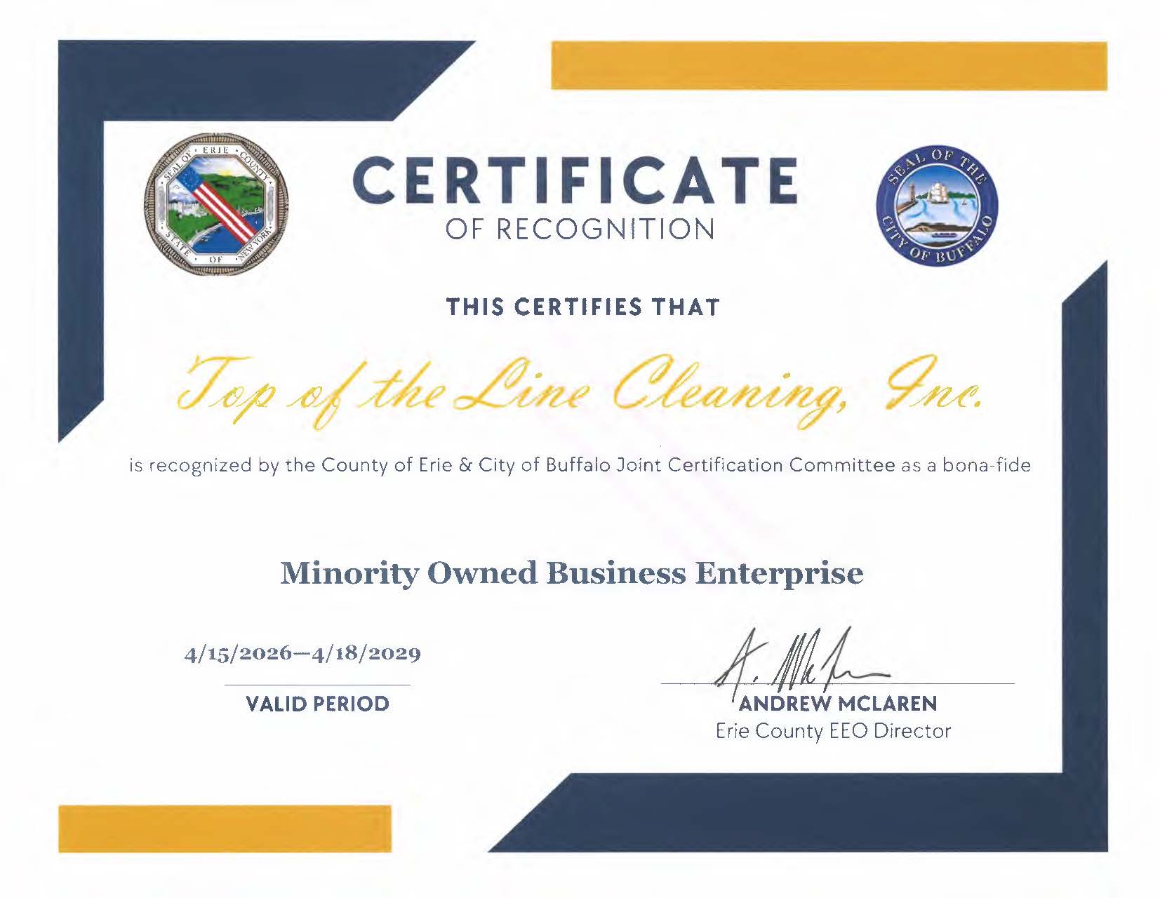 Top of the Line Cleaning Inc Minority Owned Business Enterprise Certificate