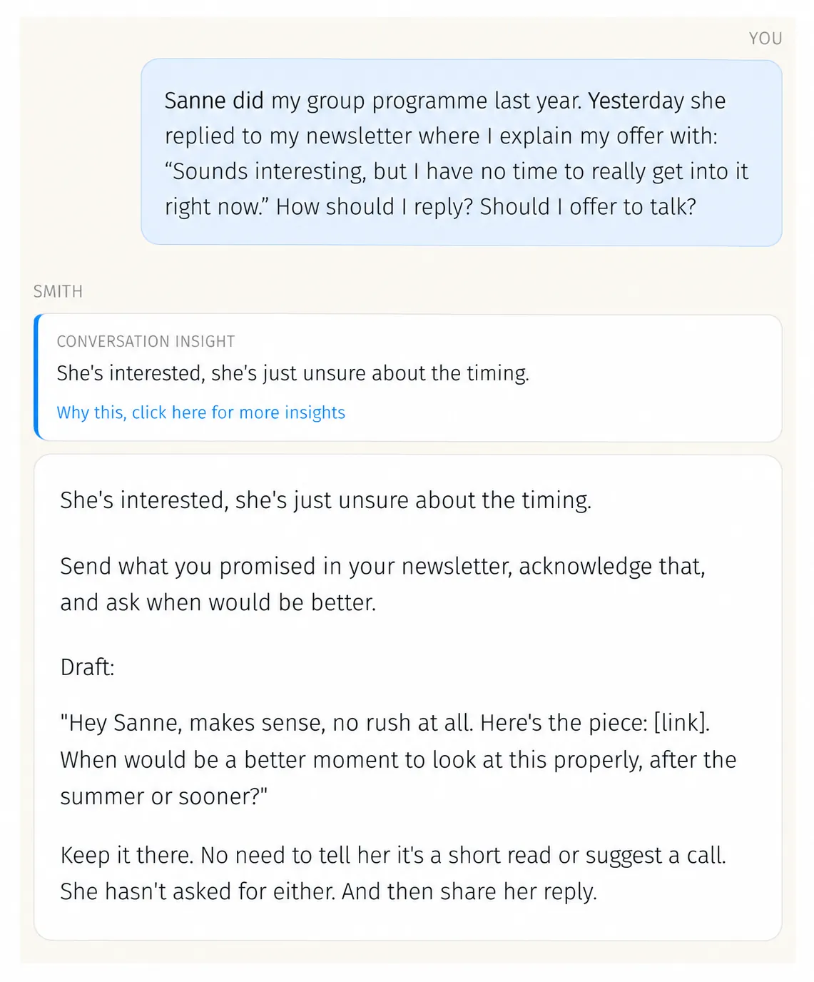 Smith reads Sanne's reply as interest with doubt and drafts the message to send