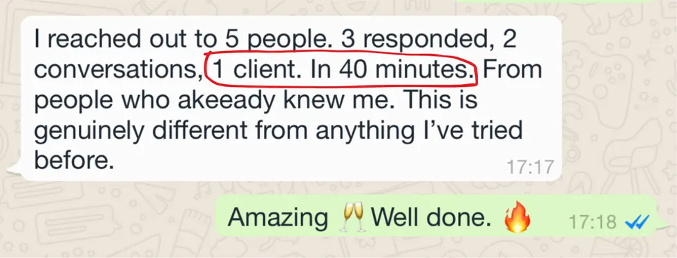 Client message: 5 people approached, 3 responses, 2 conversations, 1 client in 40 minutes