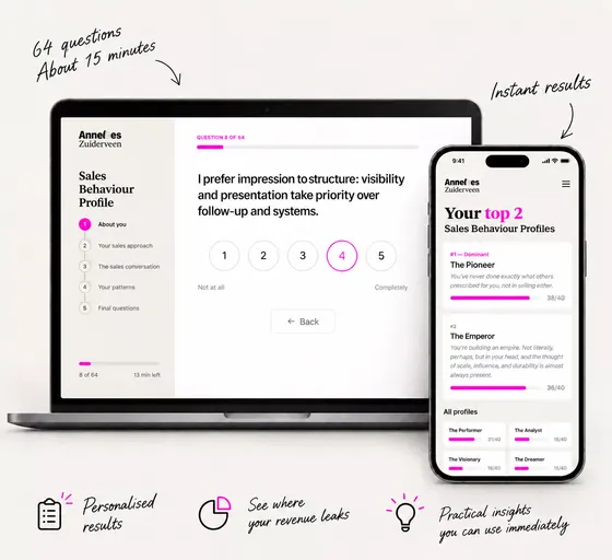 The Sales Behaviour Profile assessment on a laptop and your top 2 profiles on a phone