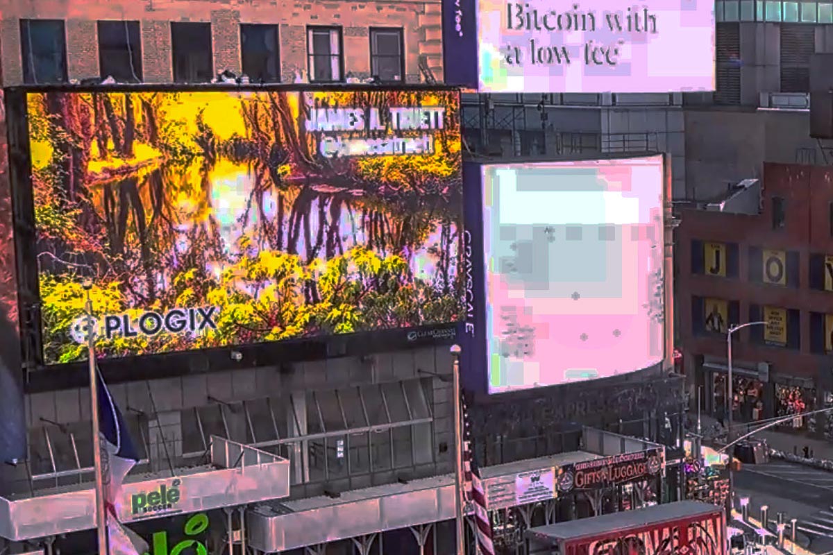James' Art on a giant billboard in Times Square, New York City.