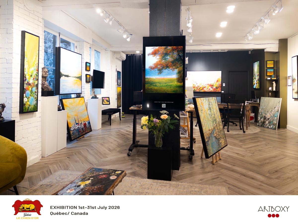 "Irish Mist at Killone Lough" hangs in Galerie Le Chien d'Or in Quebec City, Canada, during July 2026.