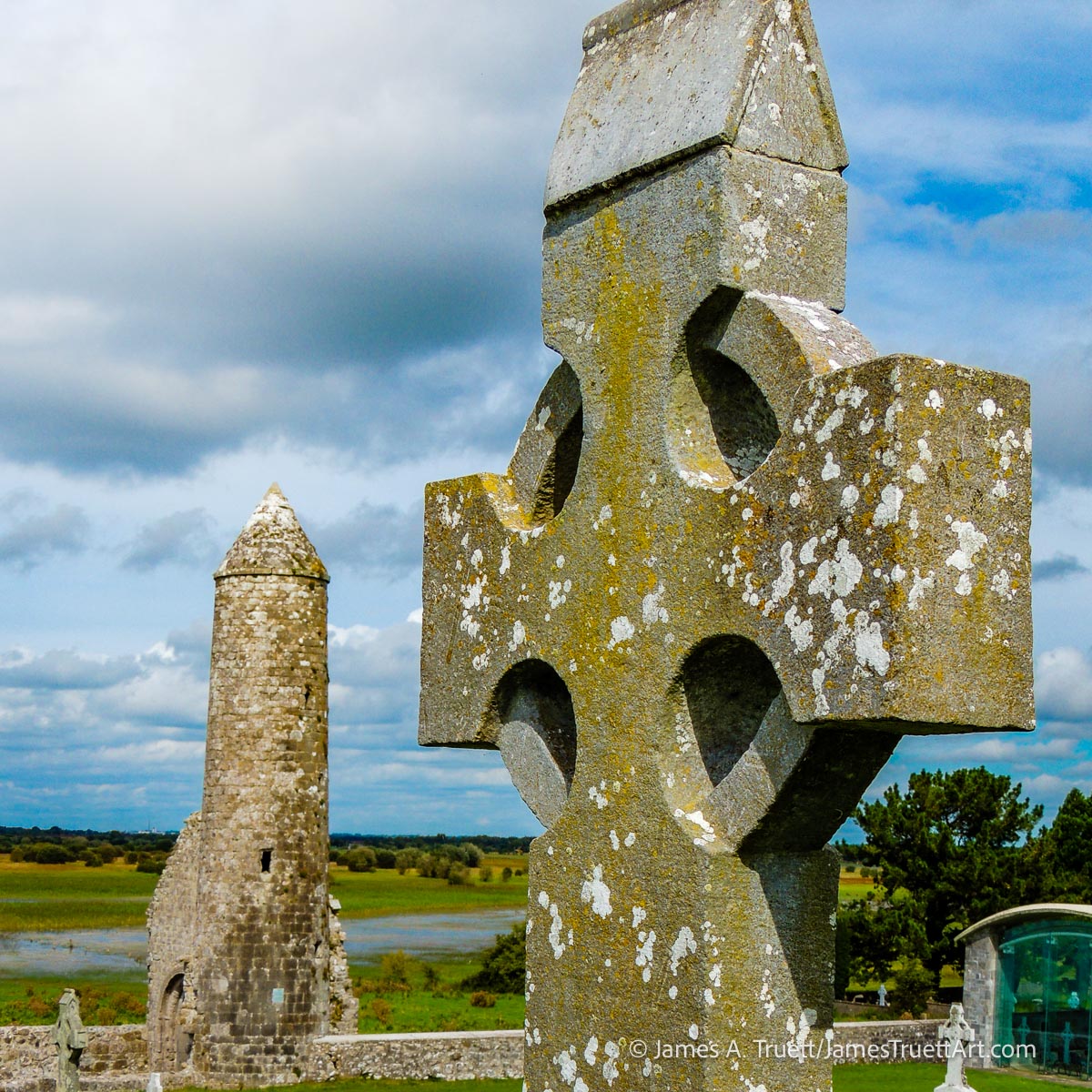 Celtic Cross and McCarthy's Tower at Clonmacnoise.