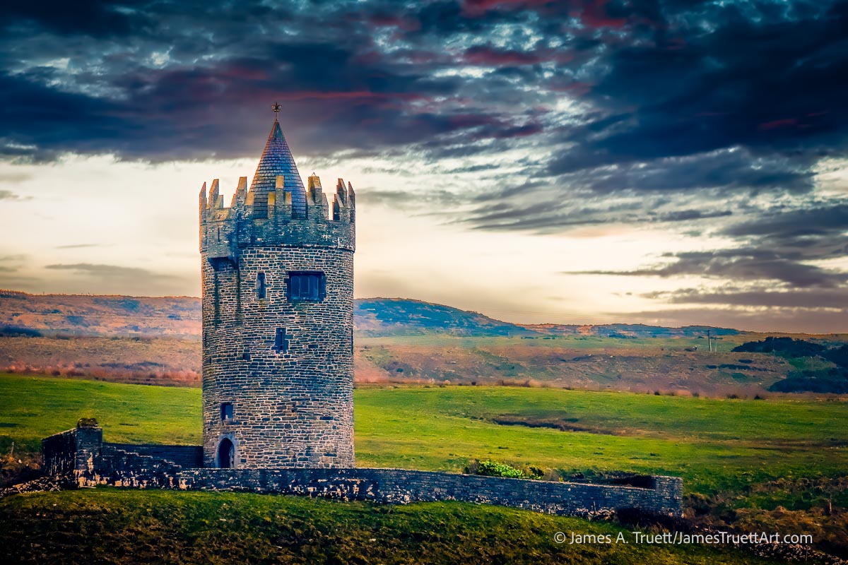 Doonagore Castle during dusk.
