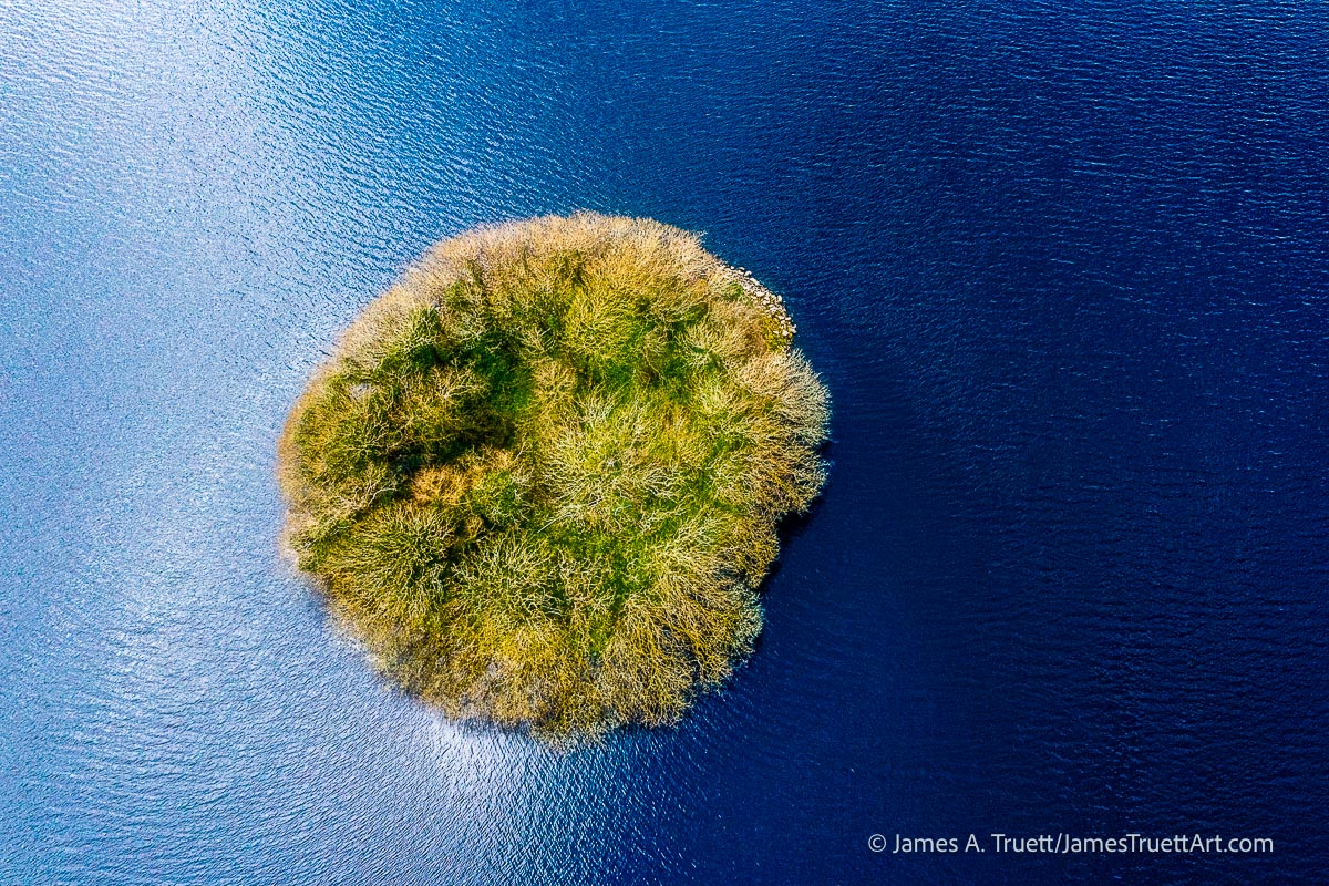 The crannog at Lake Knockalough from above.