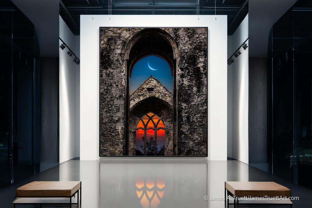 "Crescent Moon over Quin Abbey" artwork by James A. Truett